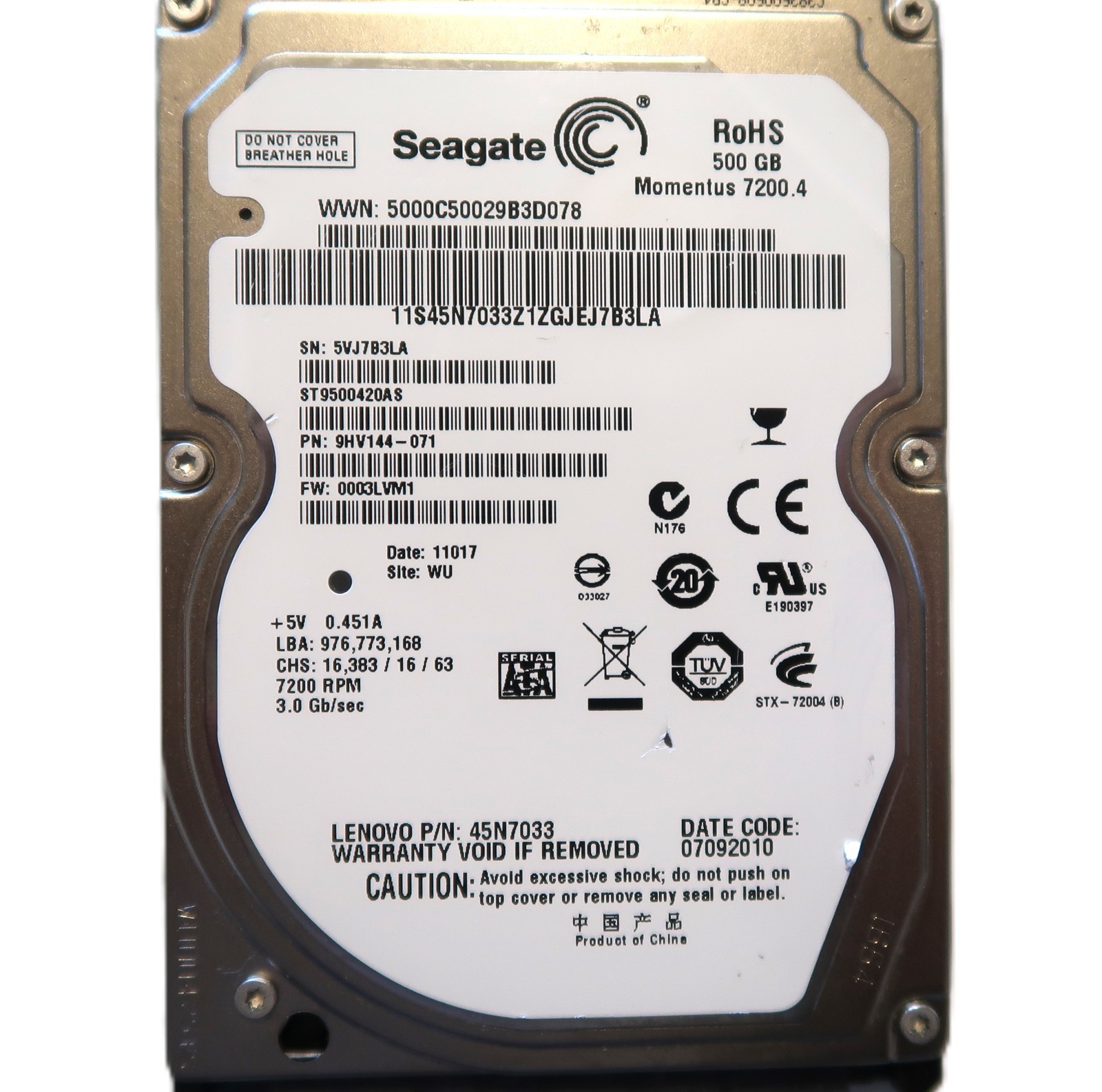 Seagate ST9500420AS 9HV144-071 0003LVM1 (5VJ) WU 45N7033 500gb 2.5" Sata 07/2010
