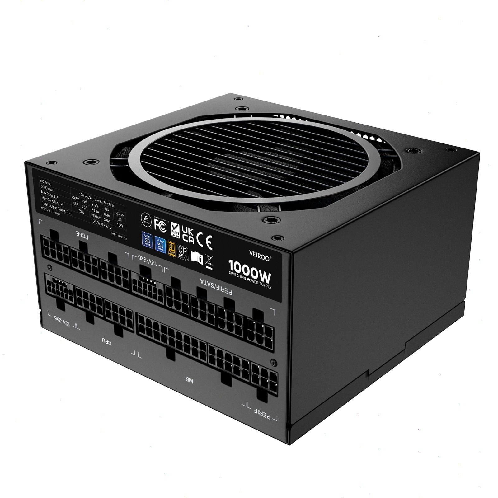 OPEN BOX Vetroo 1000W Black Power Supply ATX 3.1 Ready Full Modular 80+ Gold