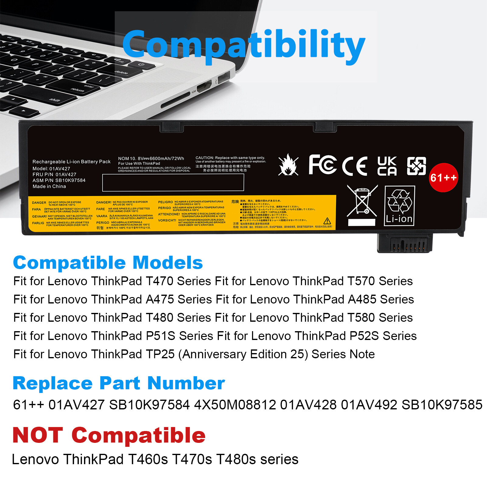 72Wh Laptop Battery for Lenovo ThinkPad T470 T480 T570 P51S 01AV423 01AV427 61++