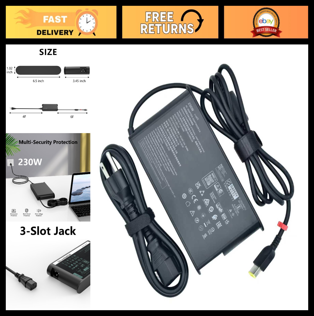 230W 20V 11.5A Laptop Charger AC Adapter Slim Rectangle Tip for Gaming Laptops