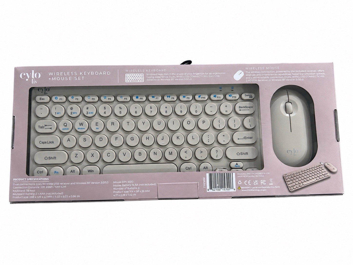 Cylo Liv CY-KB01 Wireless Portable Keyboard & Mouse Set Pink Bluetooth USB