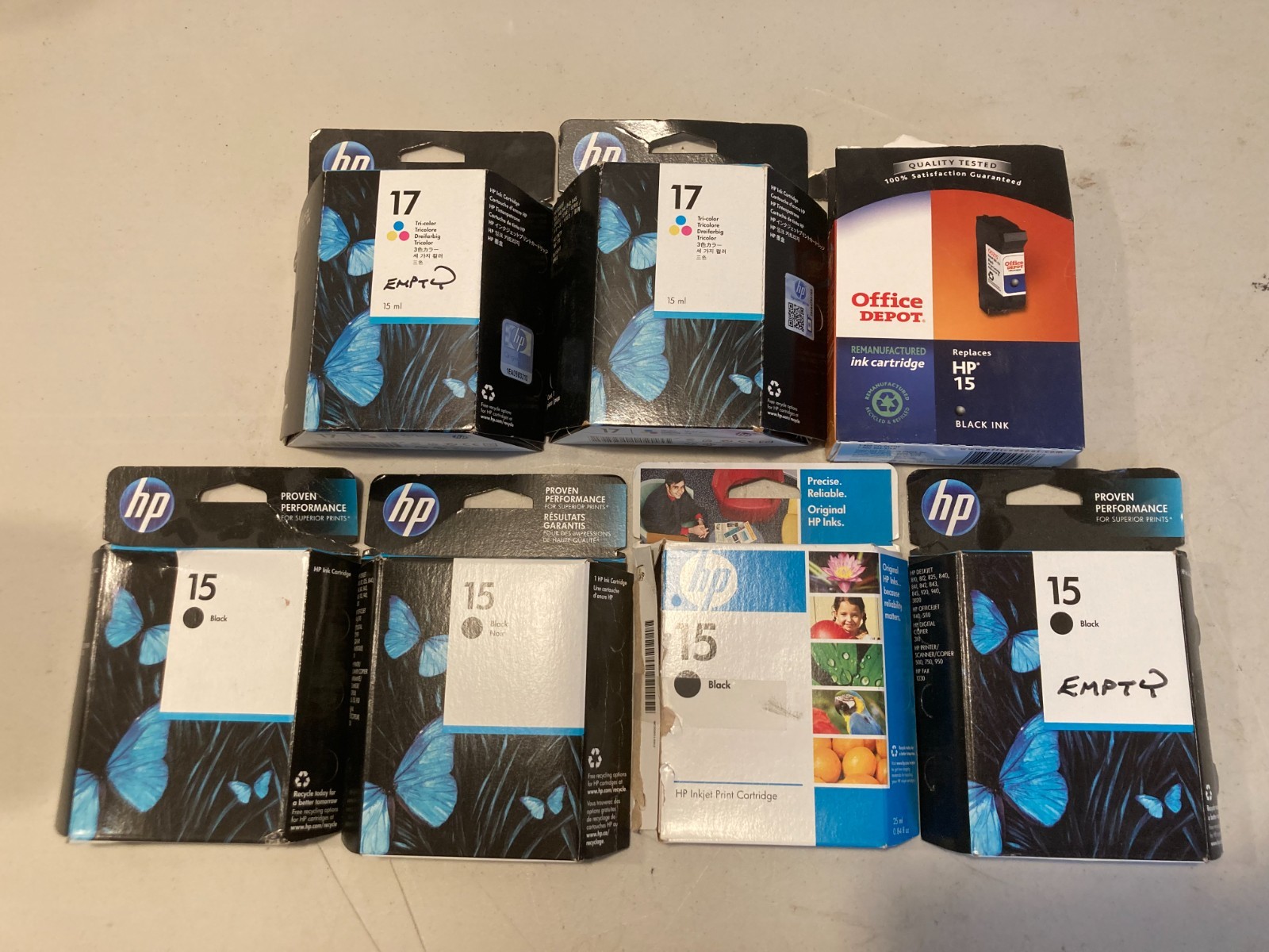 HP 15 Black & HP 17 Color Ink Cartridge Lot 7 Empty Boxes Virgin Core Refill