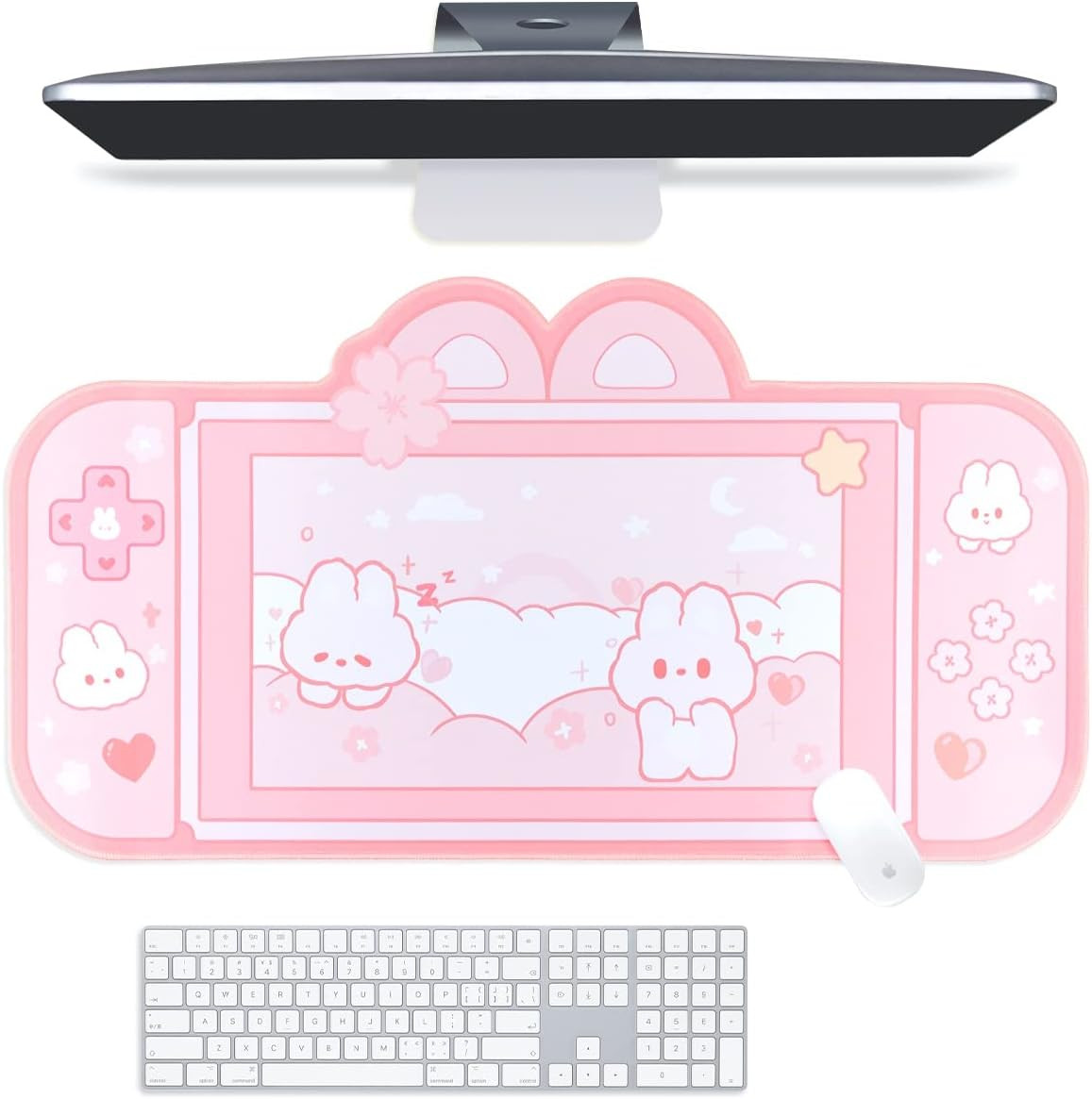 Bunny Desk Pad | NS Switch Keyboard Gaming Mat Large Mousepad | Pastel Pink Kawa