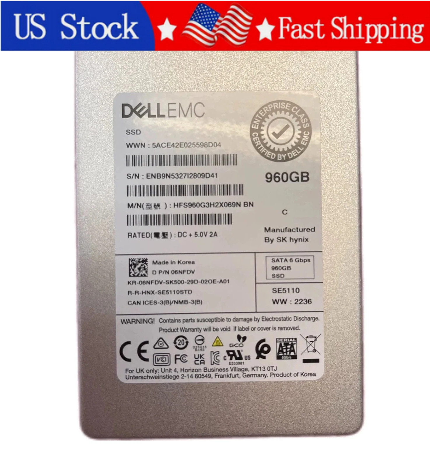 06NFDV 6NFDV Dell EMC 960GB SATA 2.5" 6Gbps HFS960G3H2X069N SSD Gen14 15 16
