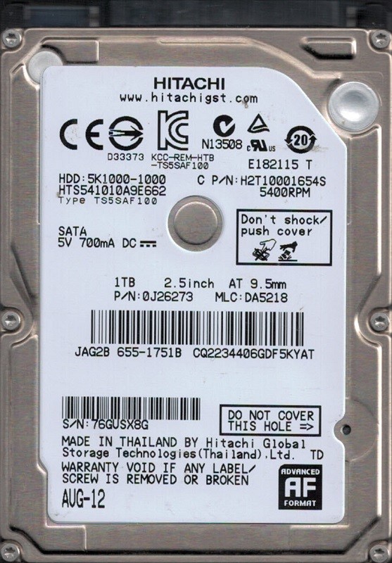HTS541010A9E662 P/N: 0J26273 MLC: DA5218 MAC 655-1751B Thailand Hitachi 1TB