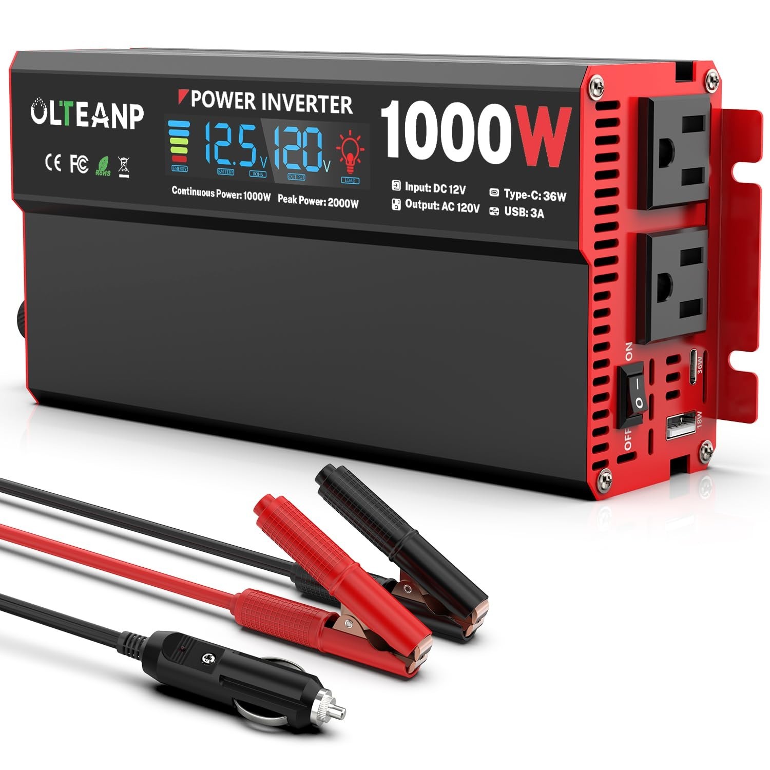 1000 Watt Power Inverter 12V DC to 110V/120V AC Car Inverter with LCD Screen ...