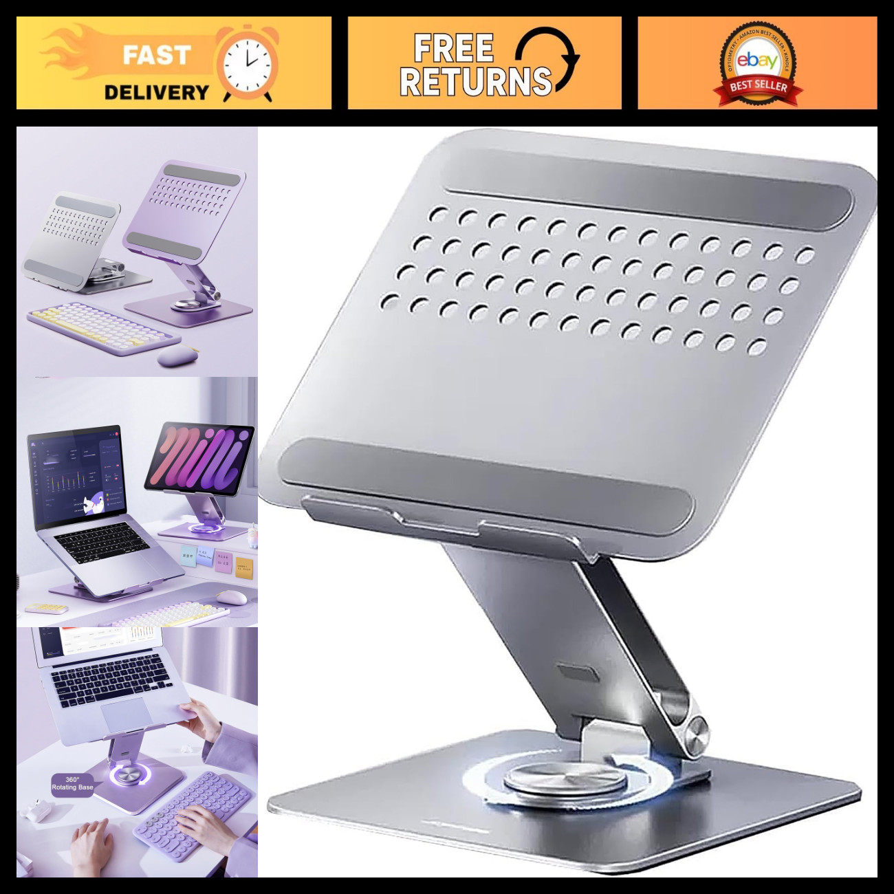 Adjustable Ergonomic Laptop Stand with 360° Rotating Base, Portable Aluminum Ris