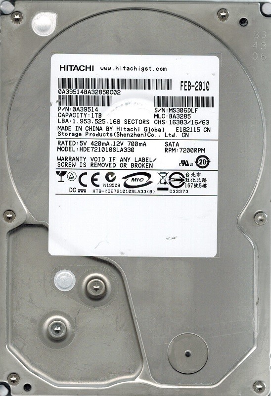 Hitachi HDE721010SLA330 P/N: 0A39514 MLC: BA3285 1TB
