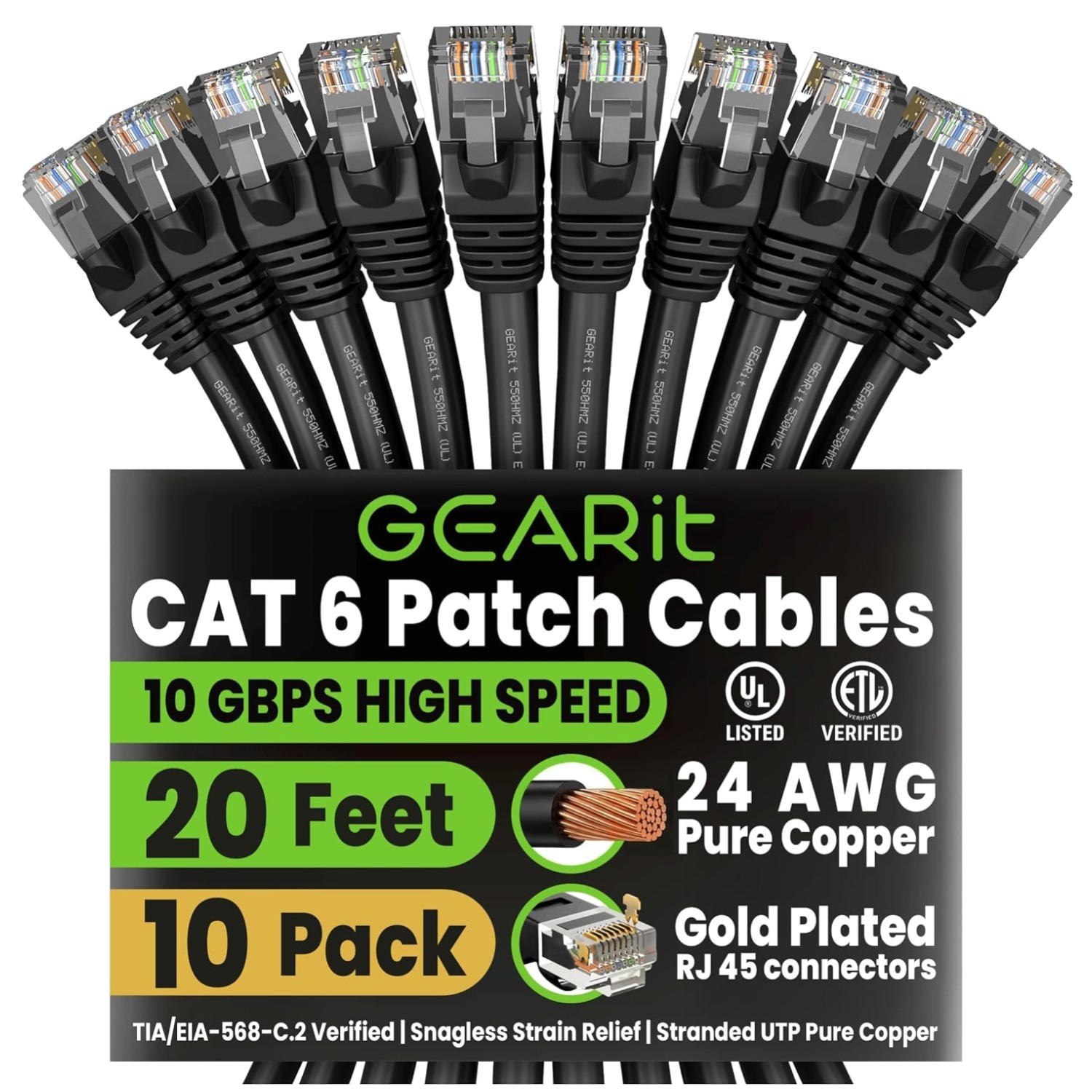 10-Pack Cat 6 Ethernet Cable 20 ft | Pure Copper, Snagless