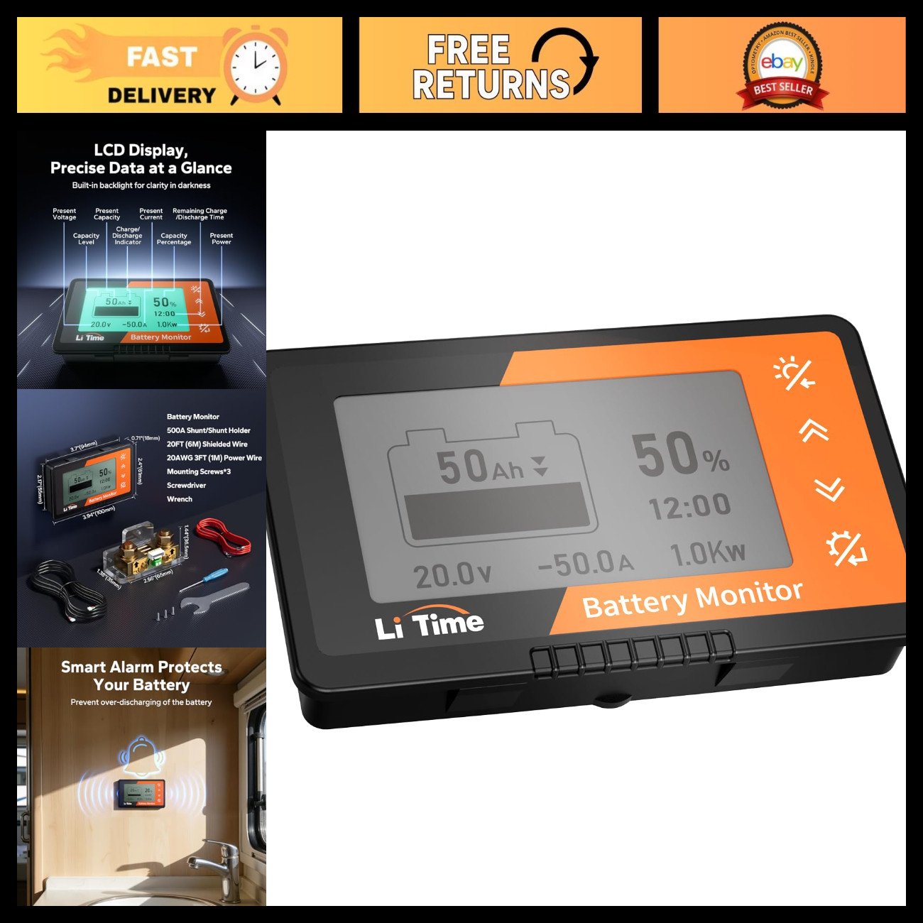 500A Battery Monitor with M8 Shunt, 8V-120V LCD Display for RV, Marine & Solar U