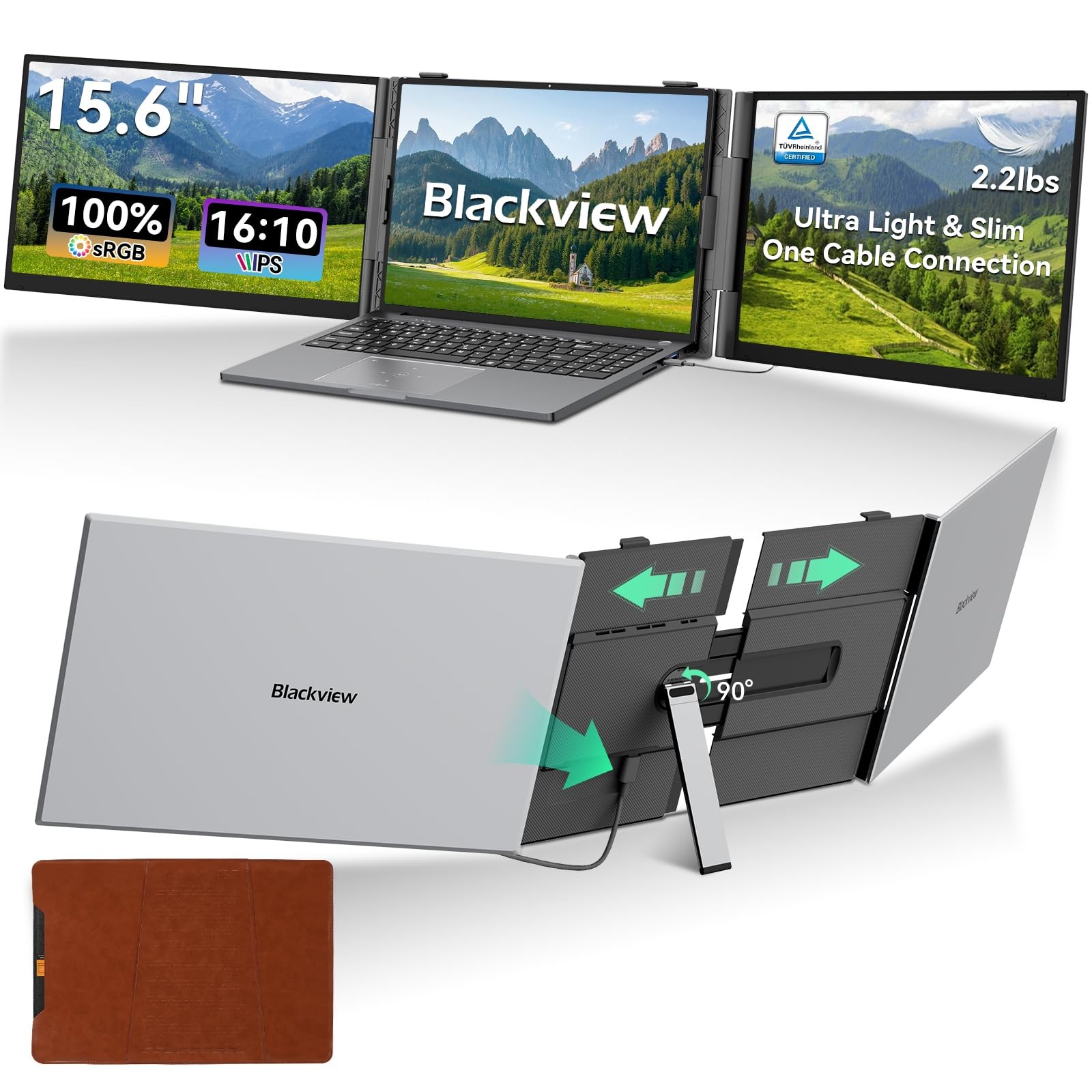 15.6" Triple Laptop Screen Extender Monitor Portable USB-C TÜV Eye-Care Gray