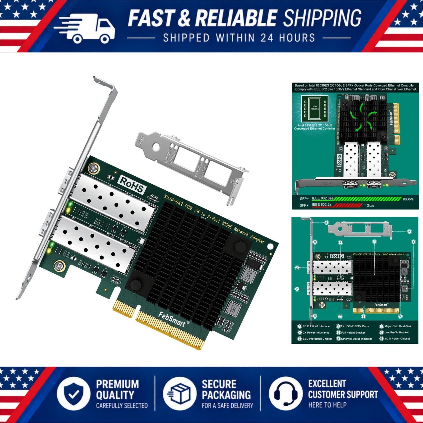 FebSmart 10GbE SFP+ Network Card PCIe x8 Dual Port Intel 82599ES X520-DA2