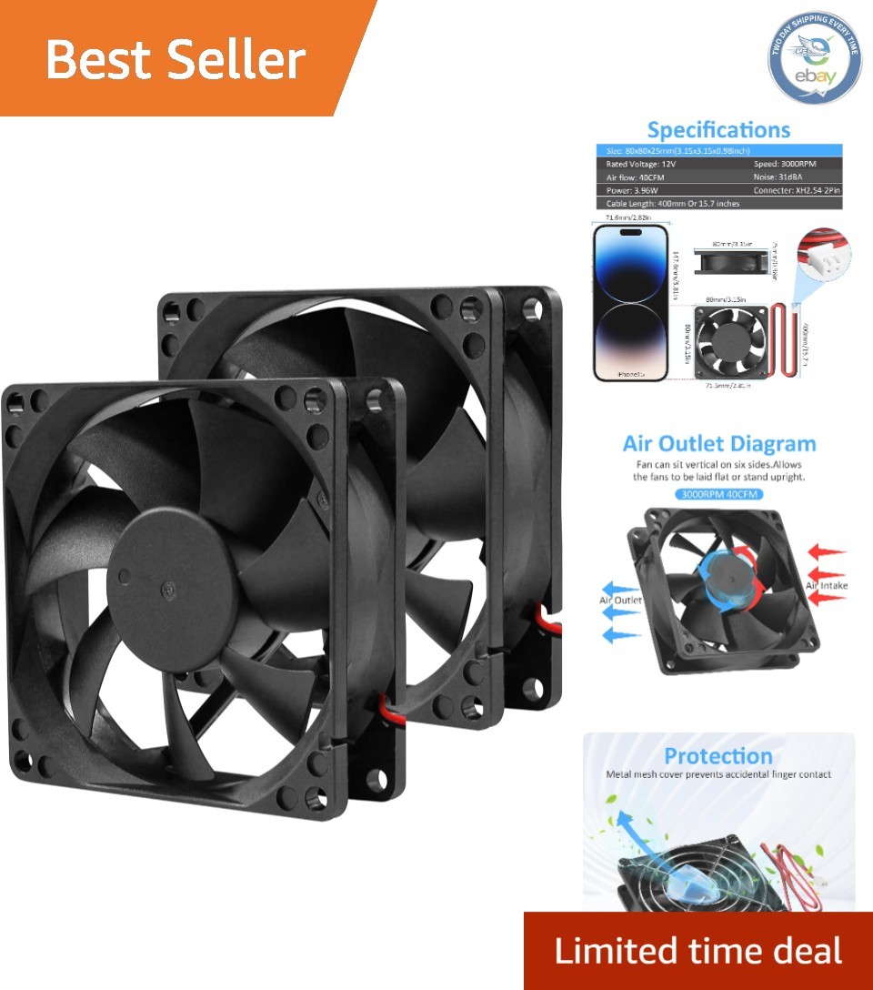 Versatile 80mm Power Supply Cooling Fan - 2-Pack, 12V, Easy Installation