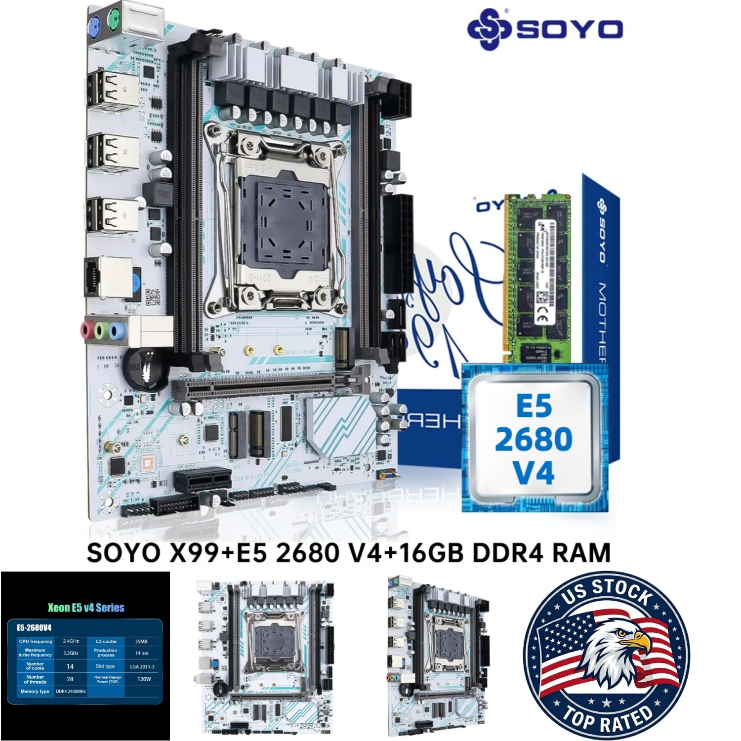 SOYO X99 Motherboard LGA 2011-3 Xeon E5 2680 V4 CPU 16G DDR4 ECC RAM