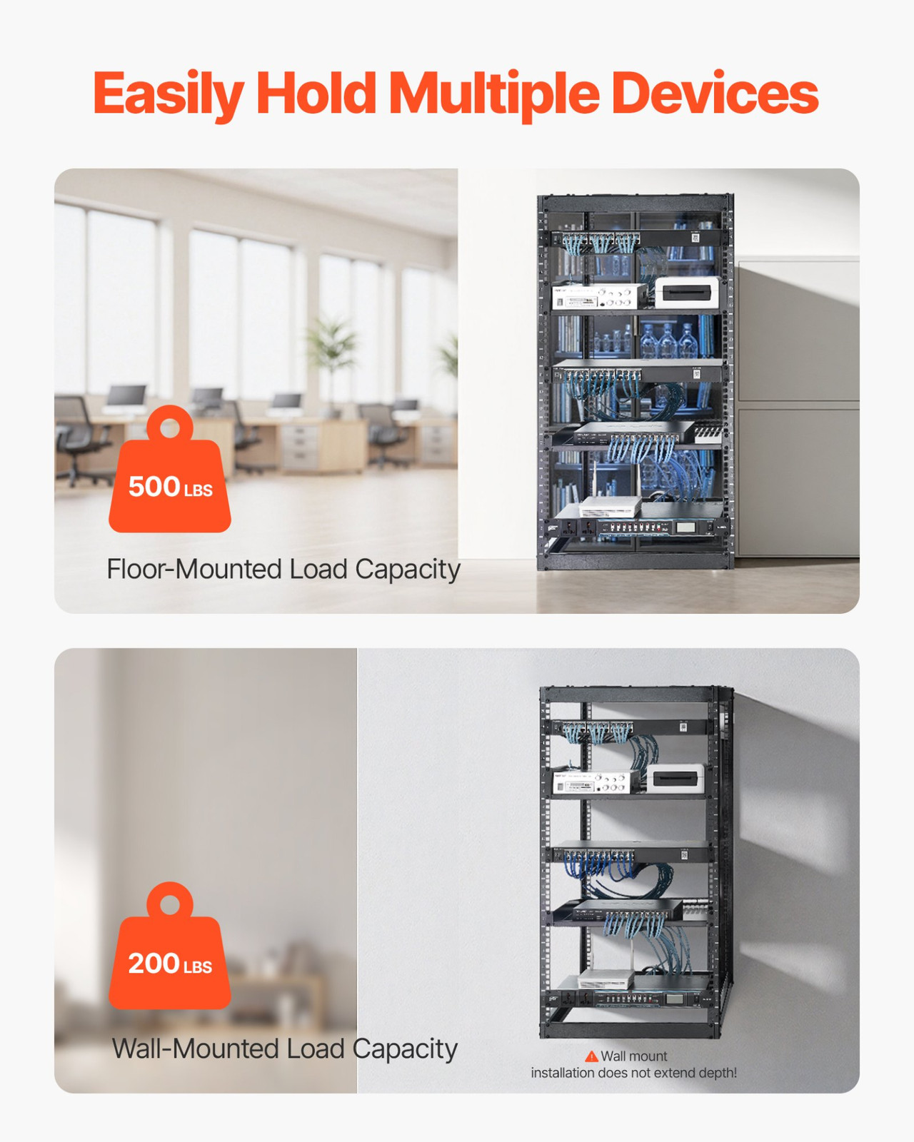 VEVOR 20U Open Frame Network Rack - Wall Mounted Server Rack - 4 Posts & Shelves