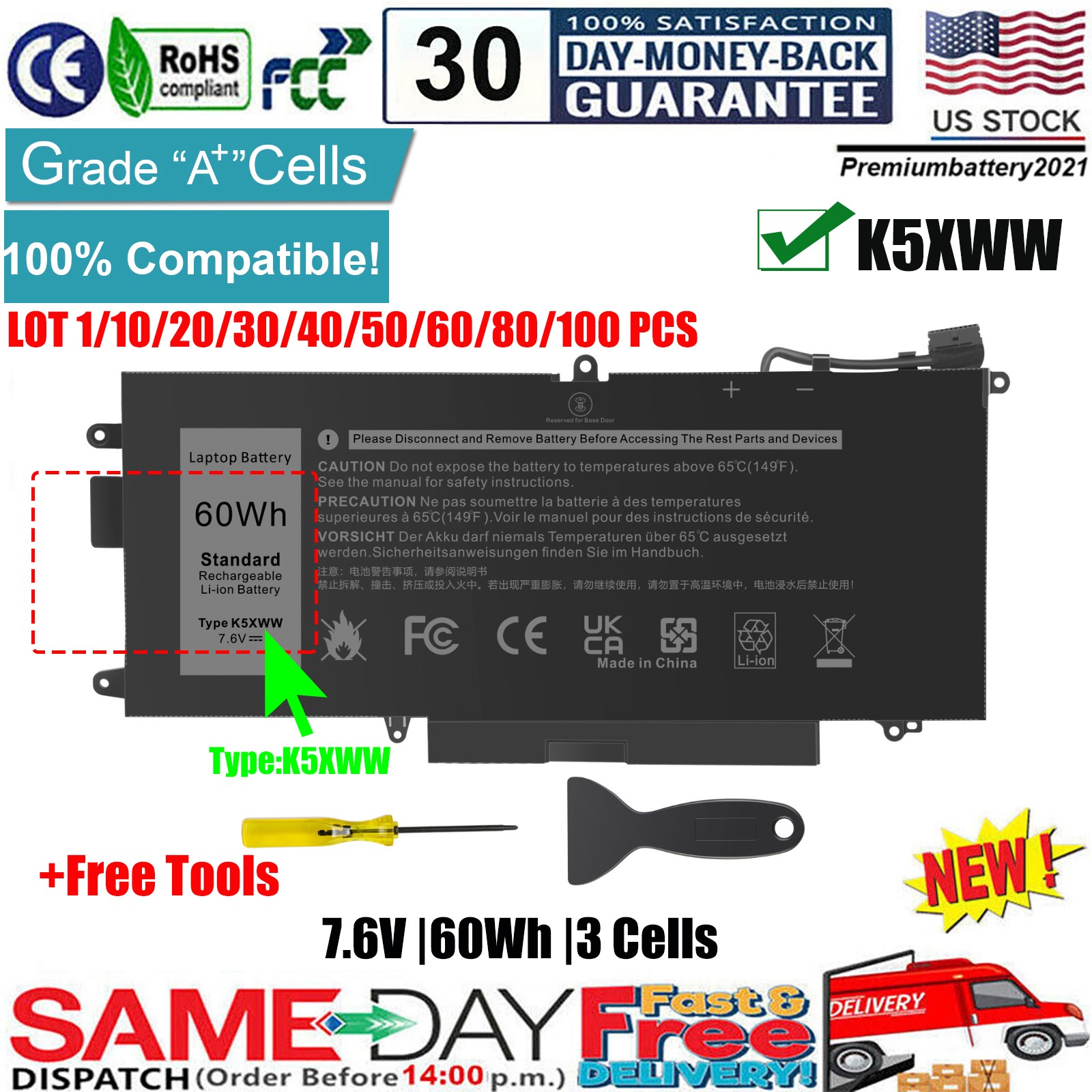 ✅LOT 1-100 K5XWW Battery for Dell Latitude 5289 7389 7390 2-in-1 71TG4 60Wh 7.6V
