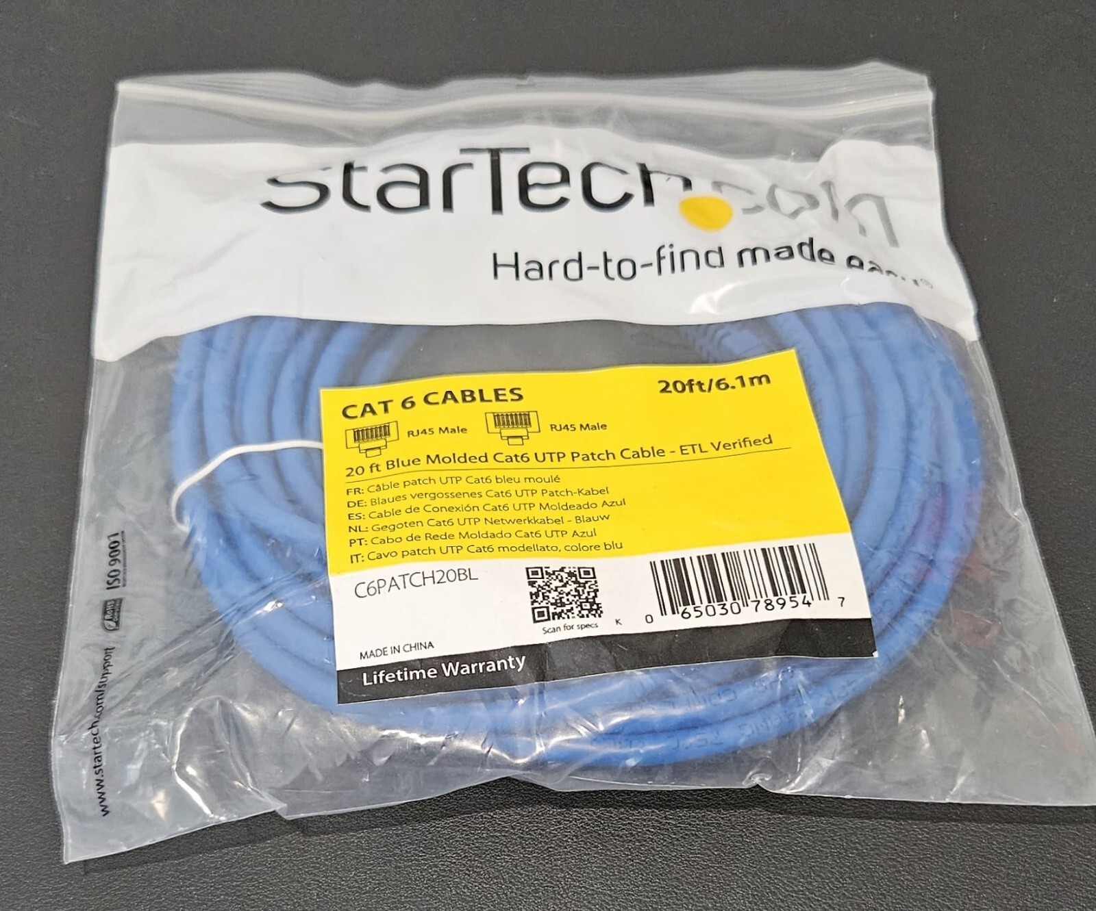C6PATCH20BL - Startech 20ft Blue Molded Cat6 UTP Patch Cable - ETL Verified