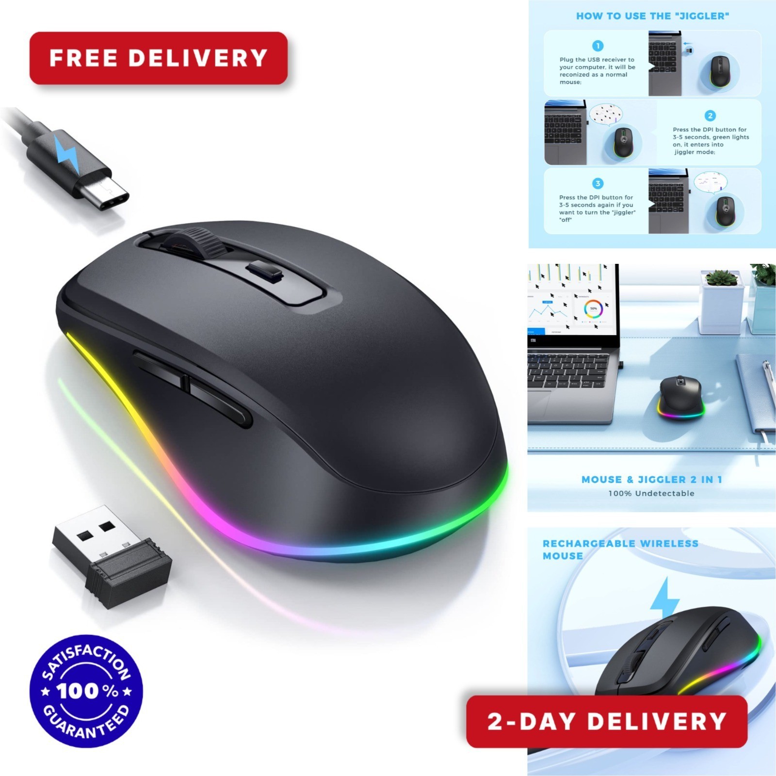 Wireless Mouse Jiggler - Rechargeable LED Mouse for PC & Laptop - Black