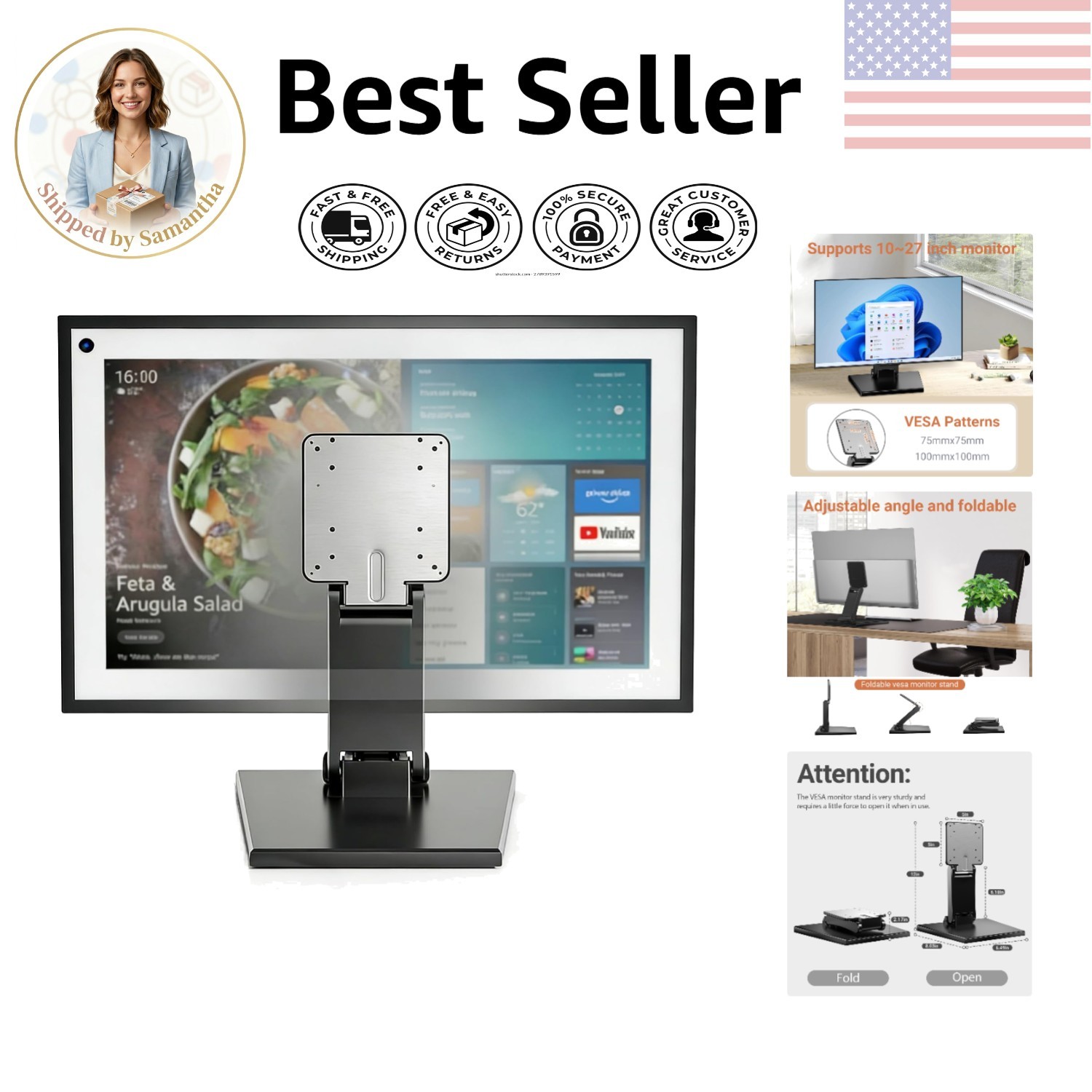 Ergonomic Lay Flat Monitor Stand for 14-24" Screens - Adjustable Steel Design