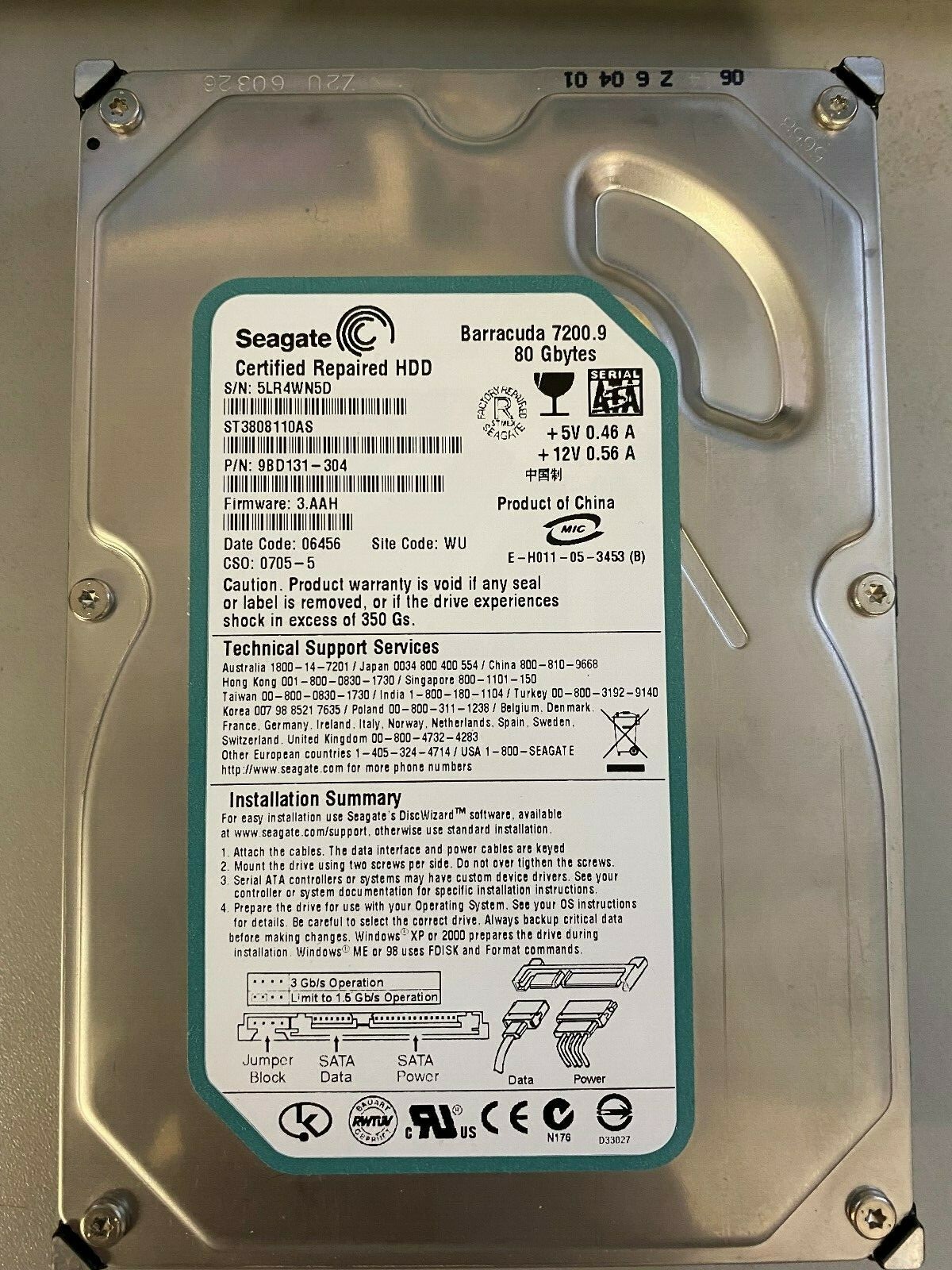 Seagate ST3808110AS, 5LR, WU, PN 9BD131-304, FW 3.AHH, 80GB SATA 3.5 Hard Drive