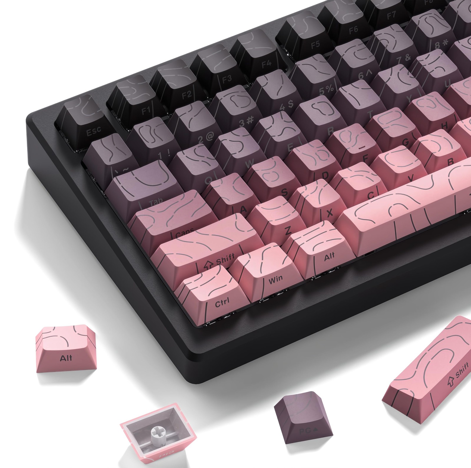Pink Grey Topographic Keycaps Line Backlit Shine Through Fits 61/64/66/68 Keys