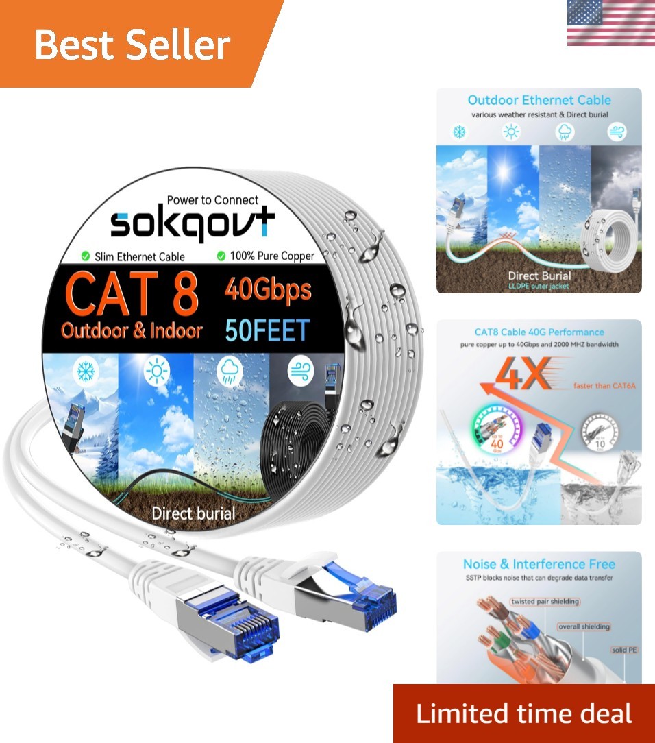 Ultra-Slim 50ft Cat 8 Ethernet Cable - 40G High-Speed Solution for Home & Office
