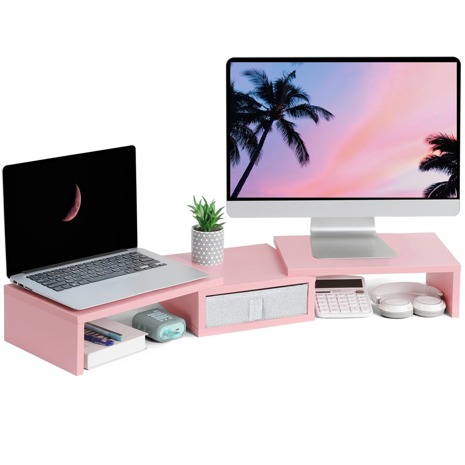 TEAMIX Pink Dual Monitor Stand Riser with Drawer - Length and Angle Adjustabl...