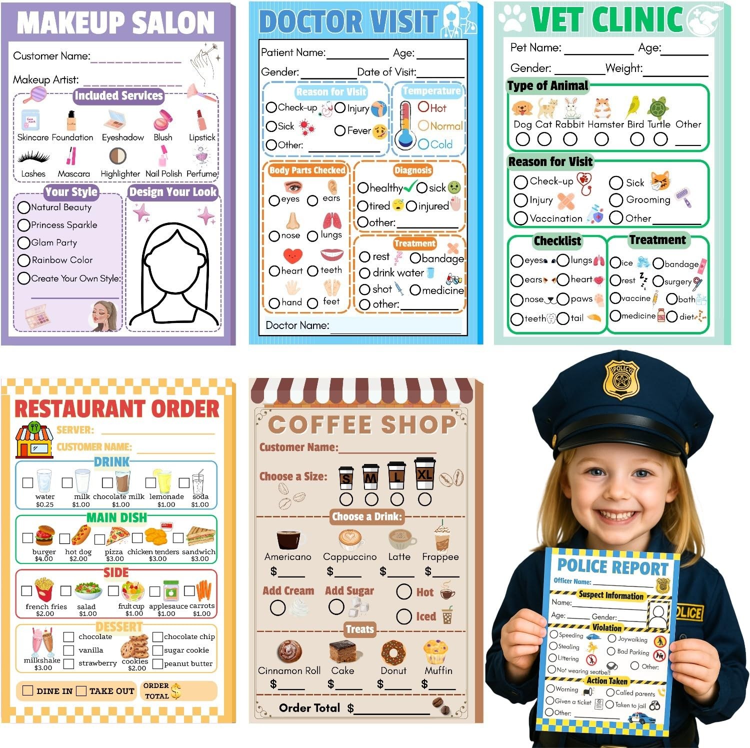 PINKEESEA 6 Pack Kids Pretend Play Notepads 4x6 Inch Playtime Pads for Kids... 