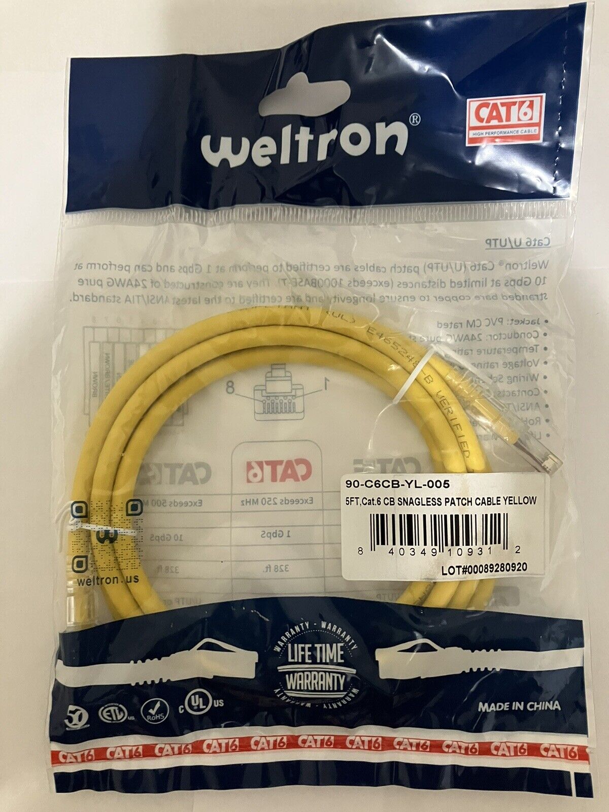 Weltron 2X3ft & 1X5ft Patch cables UTP Yellow