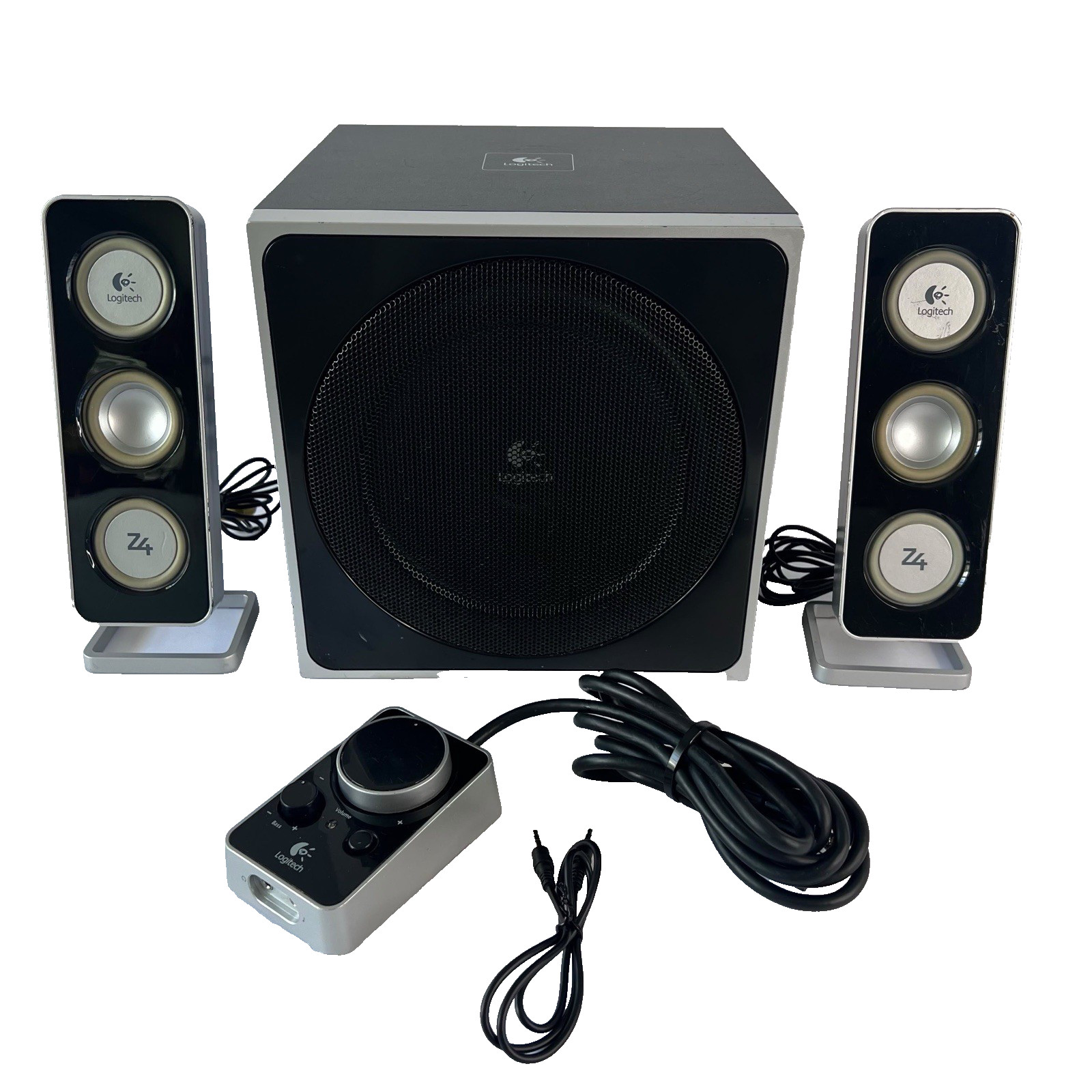 Logitech Z-4 2.1 Speaker System Subwoofer Wired Control Pod Tested Working Video