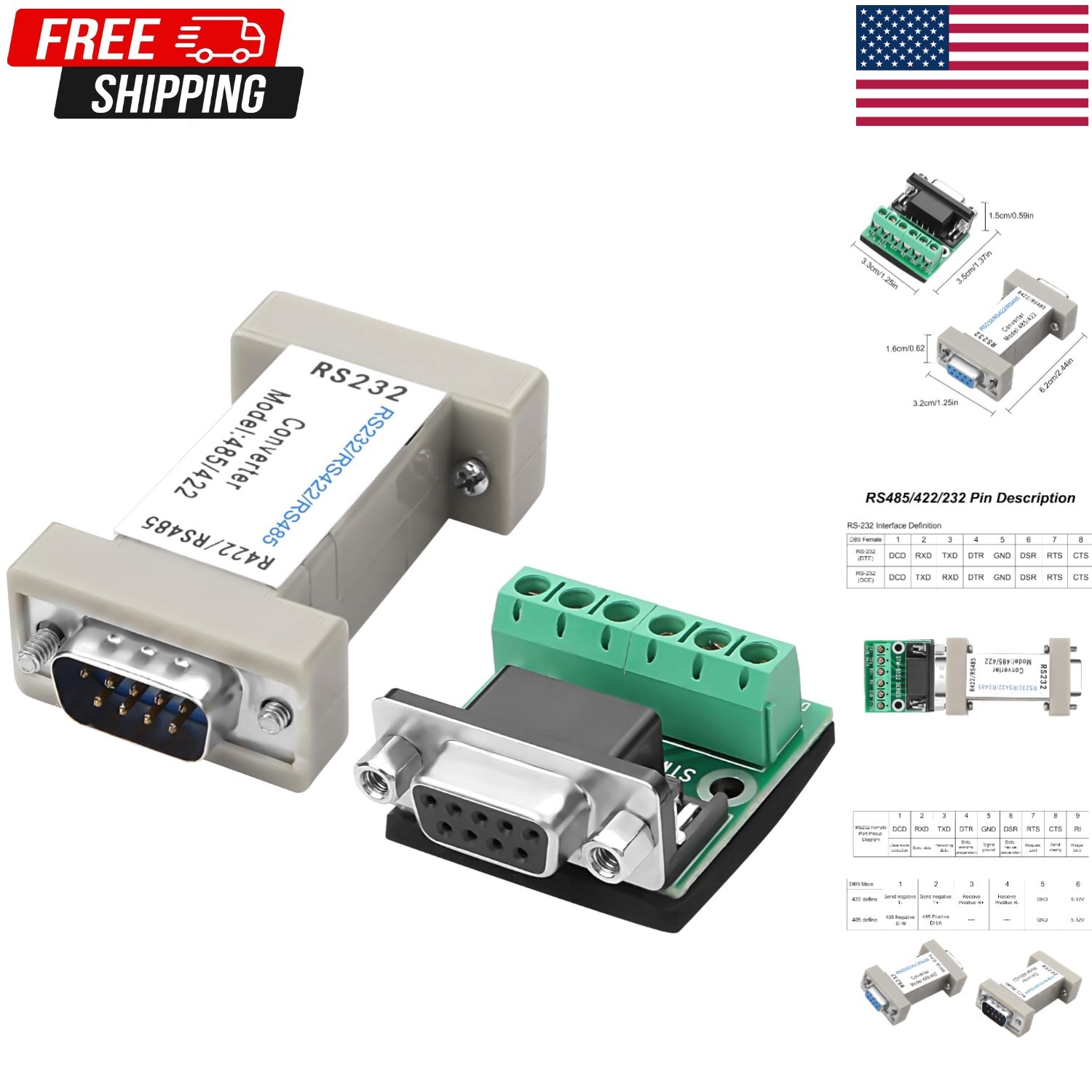RS-232 to RS-485/422 Converter Adapter Port-Powered Industrial RS232 to RS422...