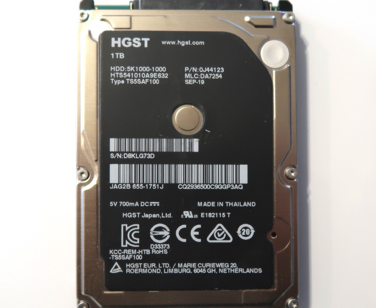 Hitachi HTS541010A9E632 PN:0J44123 MLC:DA7254 Thailand 1.0TB 2.5" Sata HDD 2019