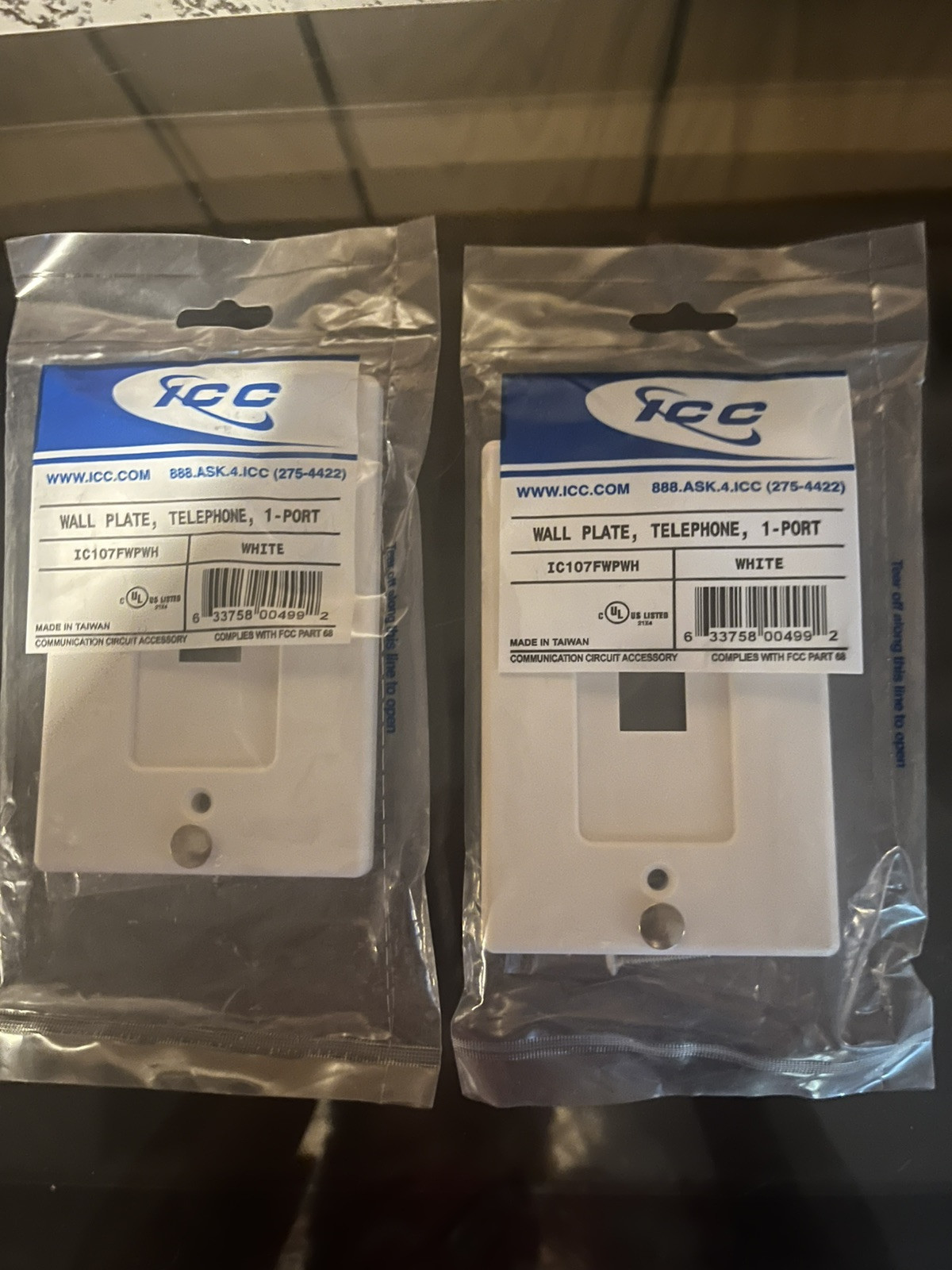 ICC #  IC107FWPWH Wall Plate , Telephone,             1 Port . LOT Of 2