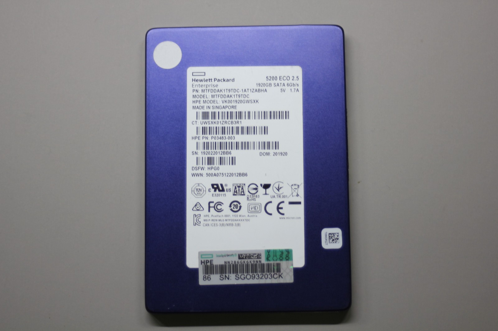 HPE Micron 5200 ECO 1.92TB 2.5" SATA SSD MTFDDAK1T9TDC (P03483-003) 100% Health