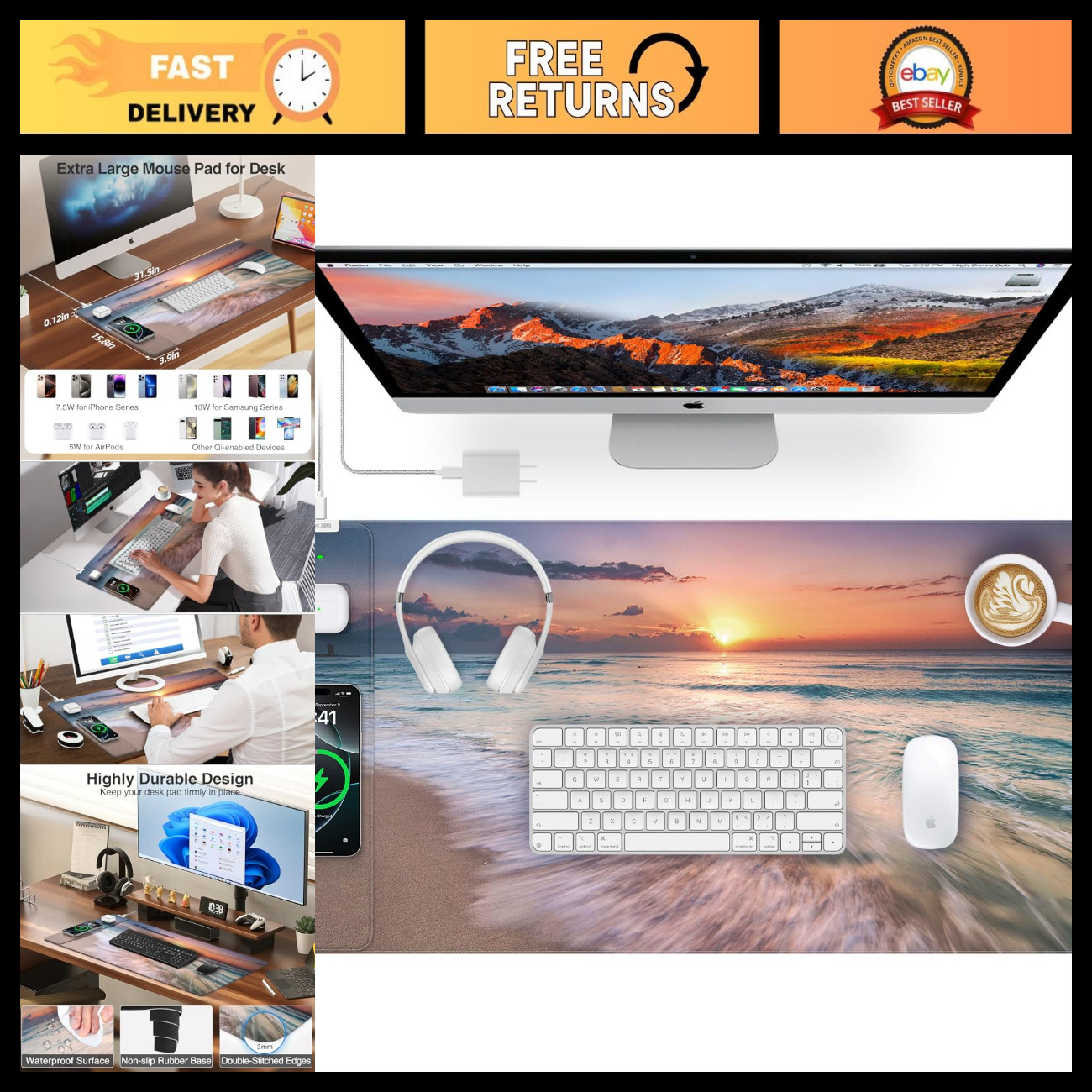 Large Beach Sunset Mouse Pad with Dual Wireless Charging - 31.5" x 15.8" Gaming