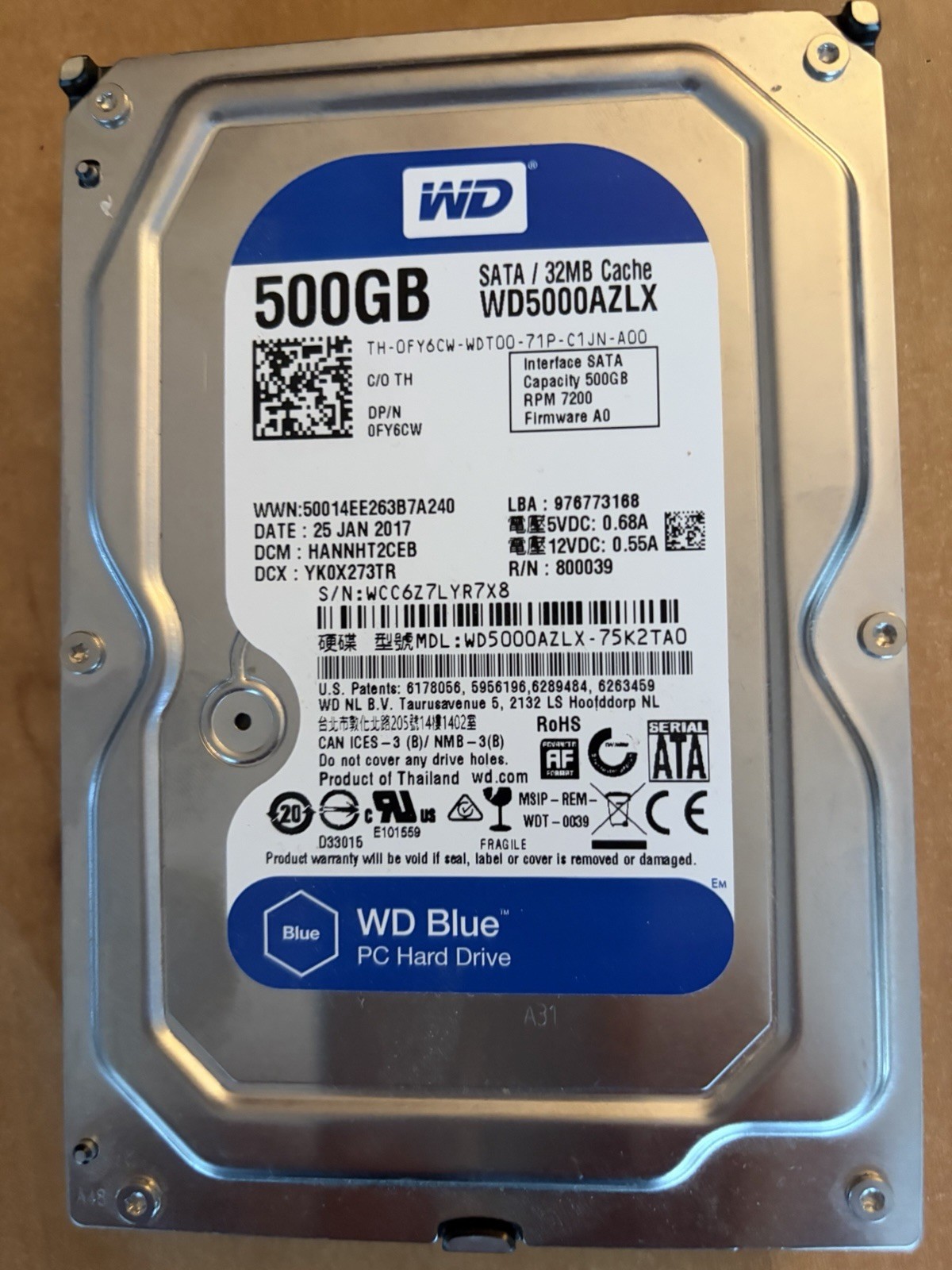 Western Digital WD BLUE WD5000AZLX 500G  3.5" SATA III Hard Drive