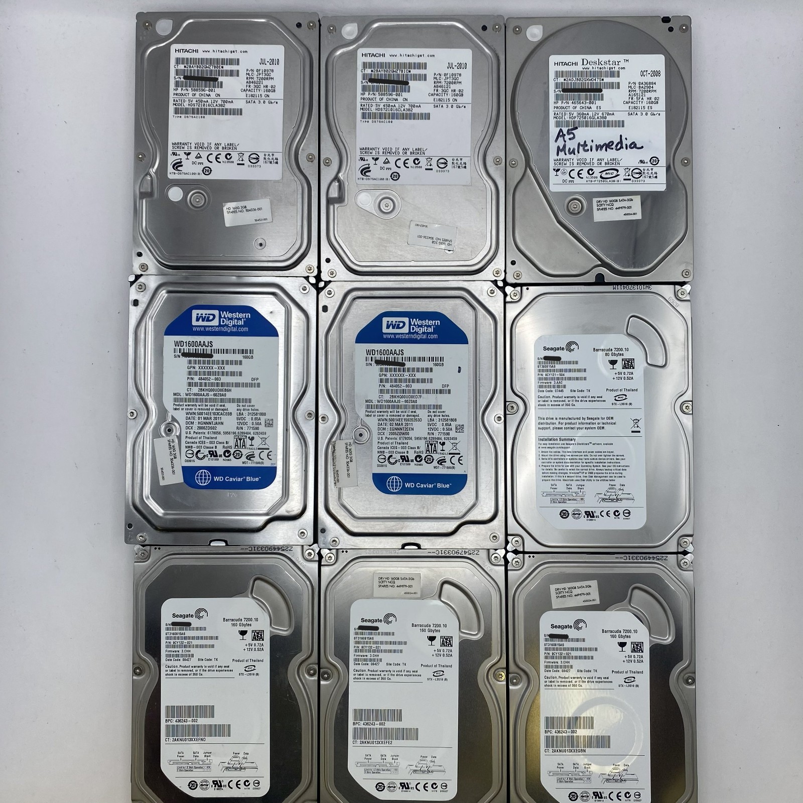 Lot of 9 Mixed 3.5" SATA HDD 160GB/80GB, Hitachi, WD, Seagate Good Health