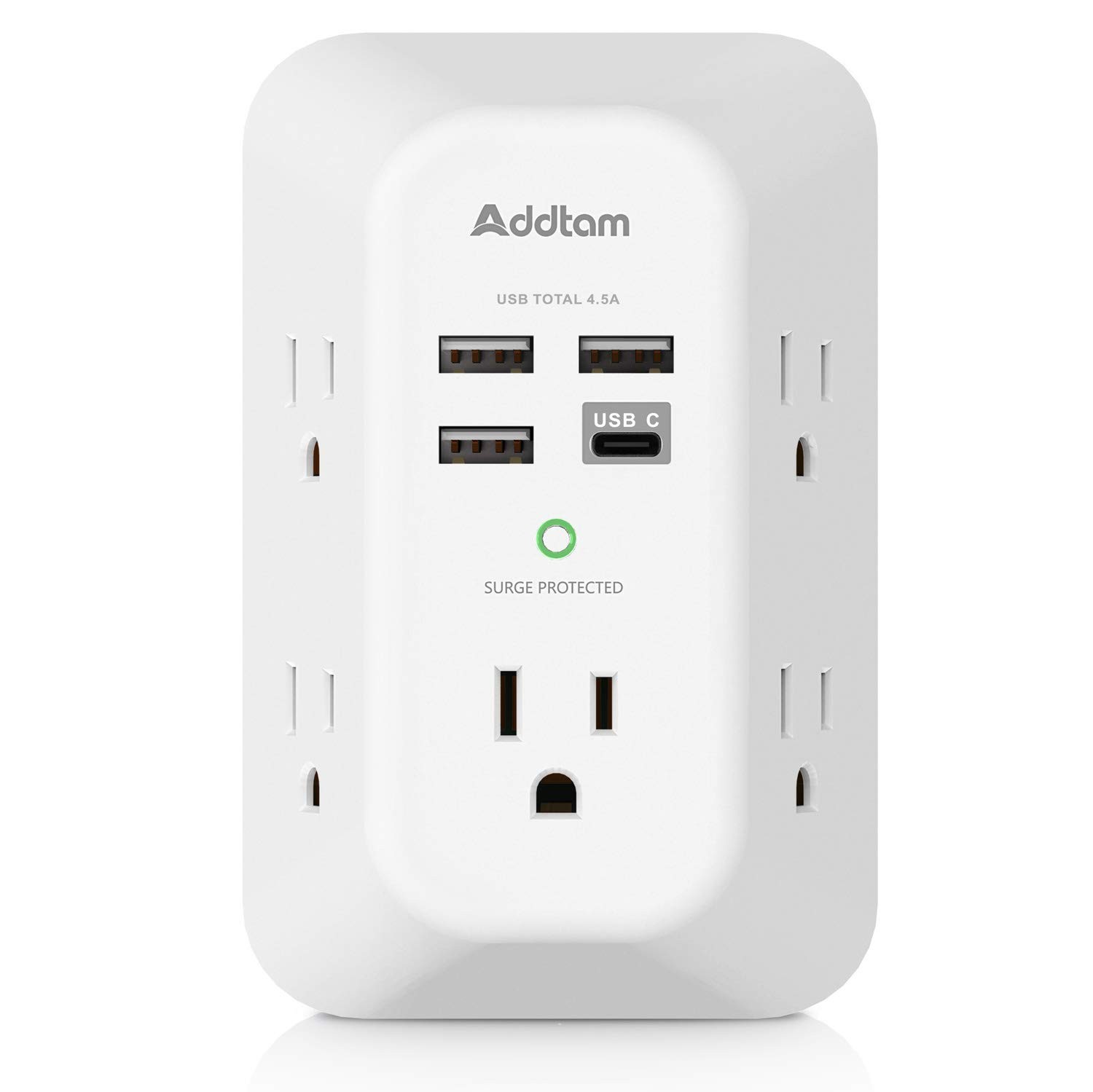 Addtam 5-Outlet Extender Surge Protector, Multi Plug Wall 1c3a Standard