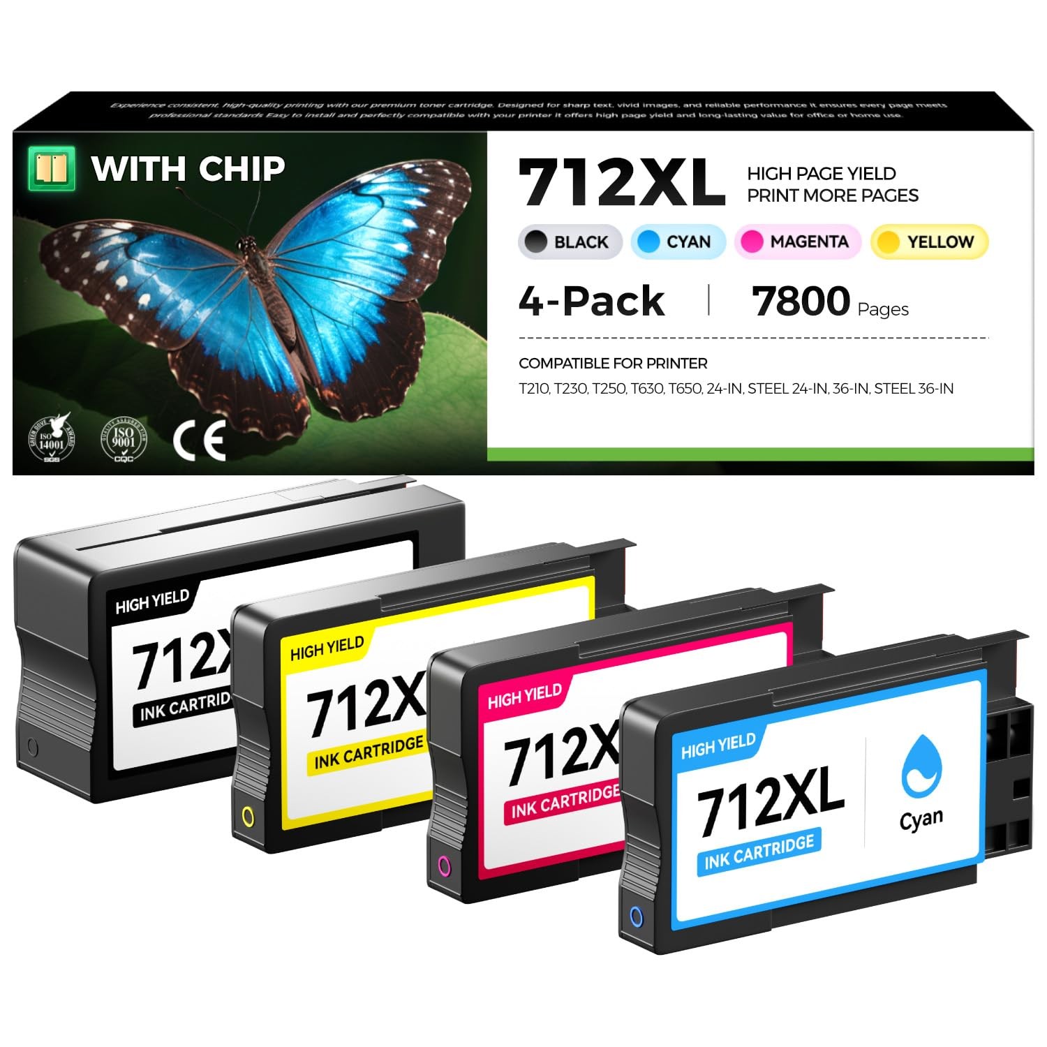 712 712XL Ink Cartridges Combo Set 4-Pack High Yield with chip Replacement for