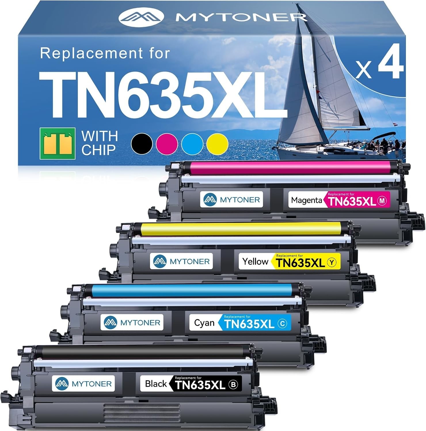 4-Pack Toner Cartridge Black Magenta Cyan Yellow BN With Chip TN635XL MYTONER