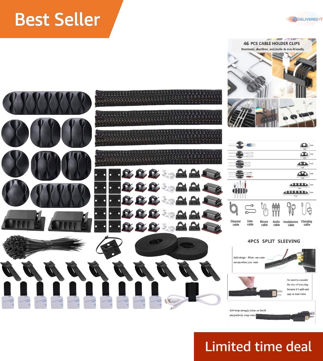 Cord Management Organizer Kit Nylon Cable Sleeves Ties Clips for Home Office Car