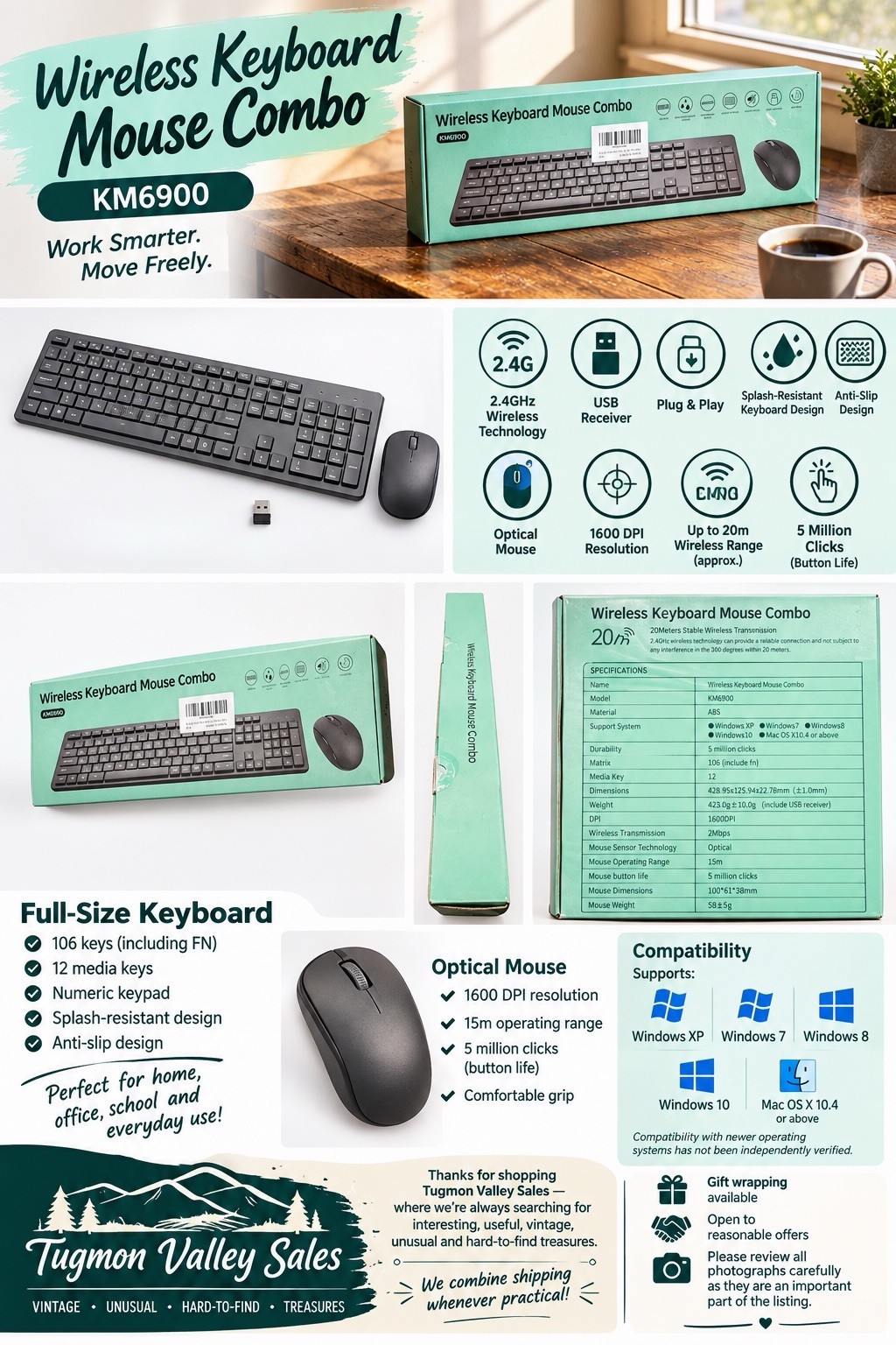 NOS KM6900 Wireless Keyboard Mouse Combo 2.4GHz USB Full Size 1600 DPI