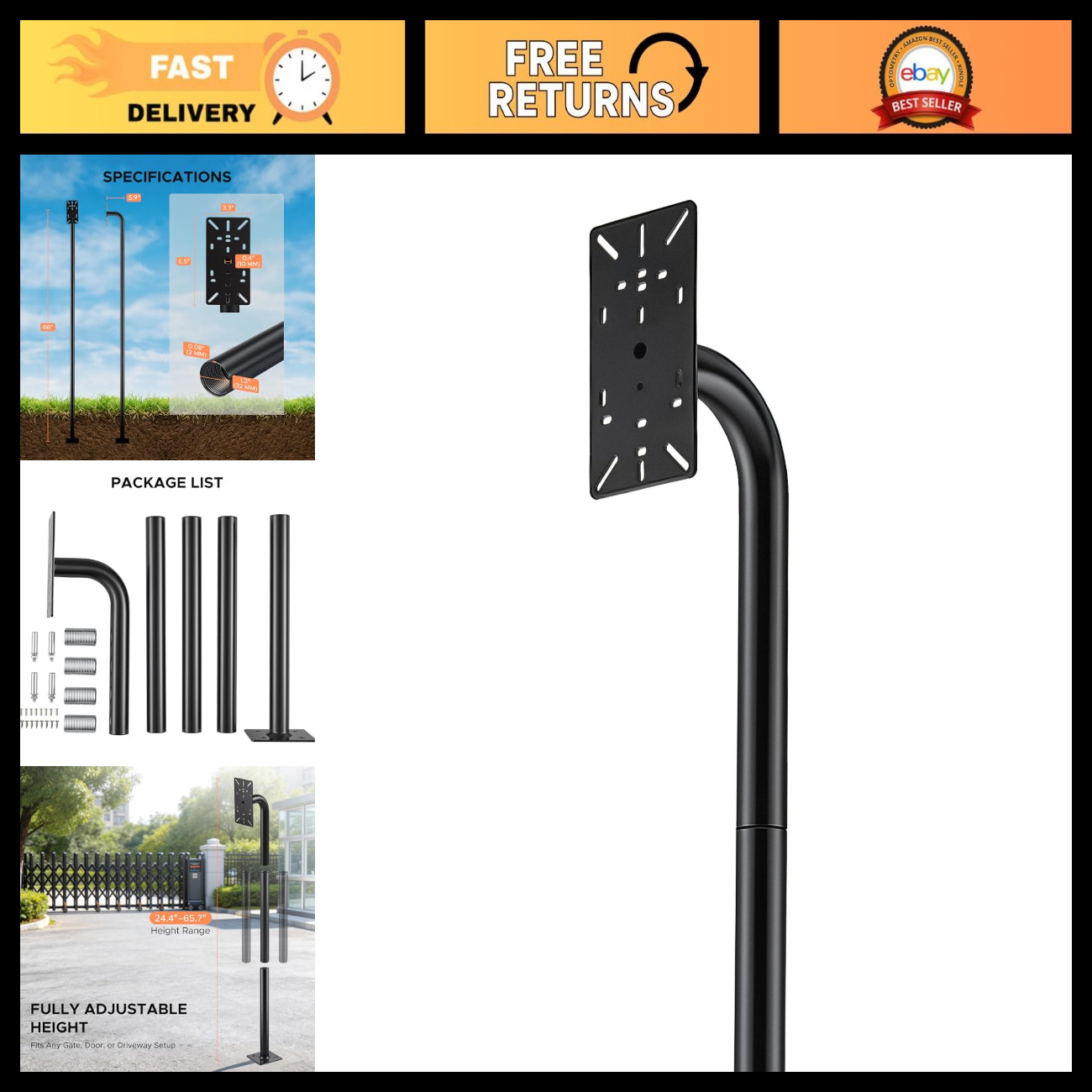 Adjustable Height Gooseneck Mounting Post 24.4-66" for Swing & Sliding Gates