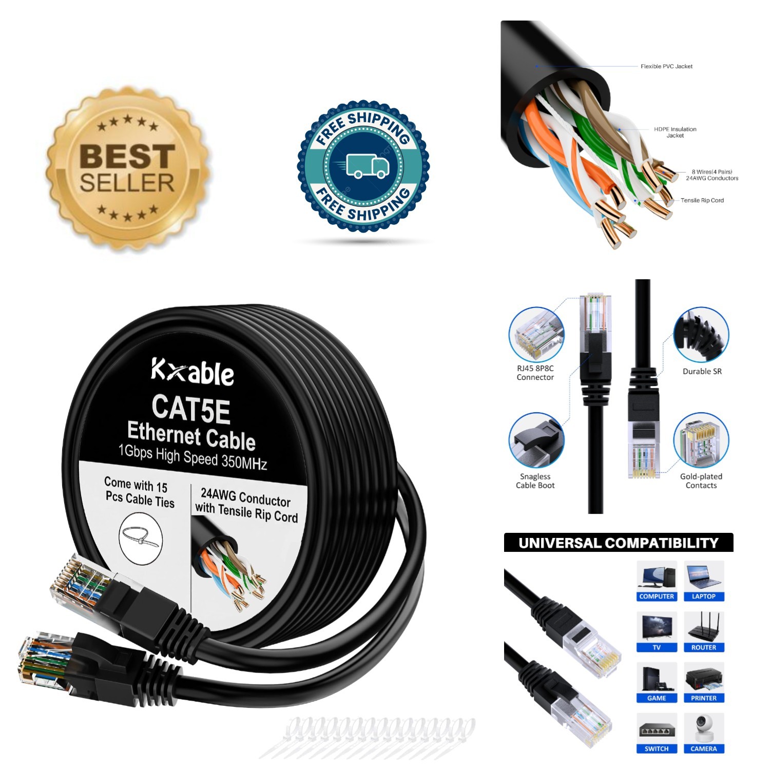 Durable 100 FT Cat5e Ethernet Cable - High-Speed Data + 15 Cable Ties Included
