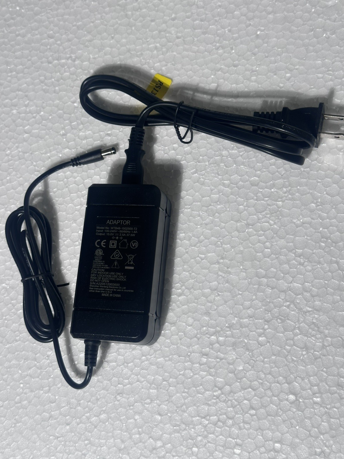 Shenzhen Wentong WTB48-1502500-T2 15V 2.5A AC/DC Power Adapter – TESTED/WORKING 