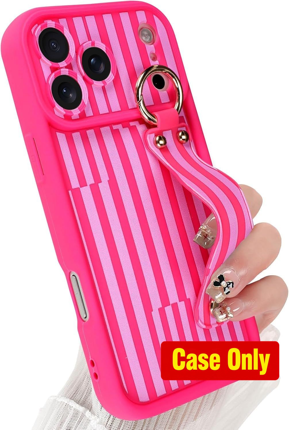 Case for iPhone 17 Pro Max, Hot Pink Stripes with Strap Stand