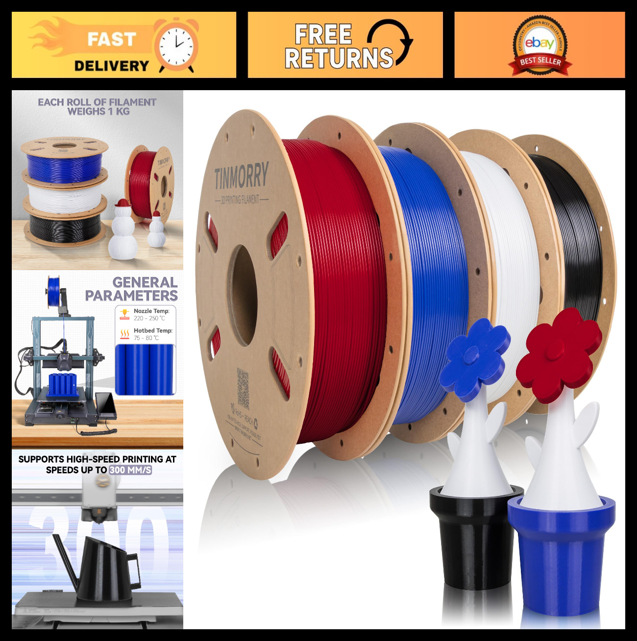 Multicolor 3D Printer Filament Bundle - 1.75mm PETG, 4 Spools, 1KG Total, Red, B