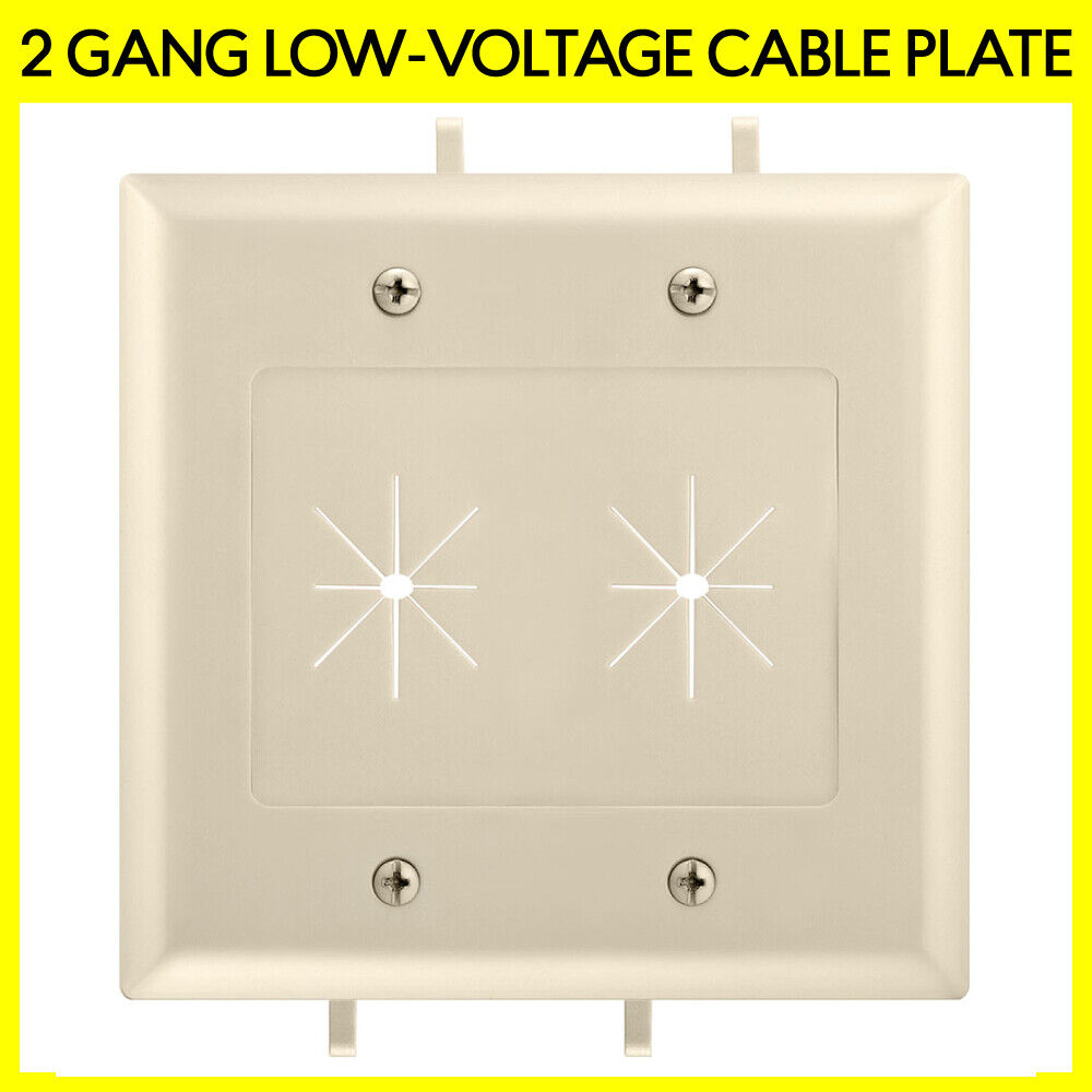 Dual 2 Gang Low-Voltage Wall Plate with Flexible Cable Opening Insert Ivory
