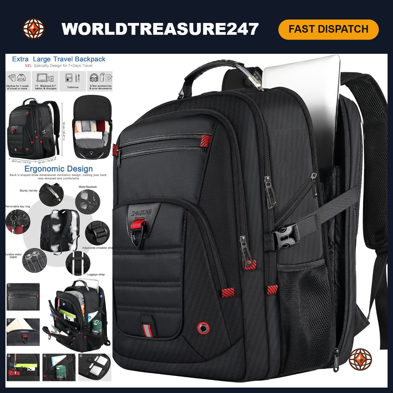 Extra Large 52L Travel Backpack for Men & Women, Fits 17.3" Laptops, Durable & S