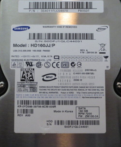Samsung HD160JJ/P  REV.A FW:ZM100-34 160gb Sata Hard Drive